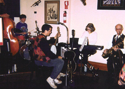 The Big Easy Jazz Band with the late Phil Lawrence and with Queen Jane, for
the Mardi Gras party at the Fort Bragg Grill in 1997